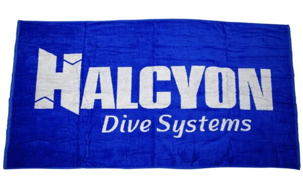 Halcyon Logo Dive Towel blue with white Halcyon in capital letters Dive Systems in smaller font